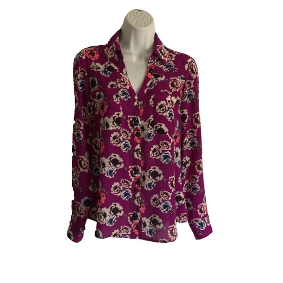 Express The Portofino Shirt Womens Sz Small Purple Floral Roll Tab Sleeve Mod - Picture 2 of 11